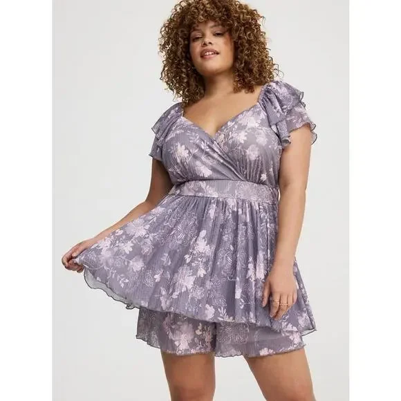 Torrid Double Flutter Sleeve Romper size 4X Floral Gauze Knit Whimsical Spring - Picture 2 of 13